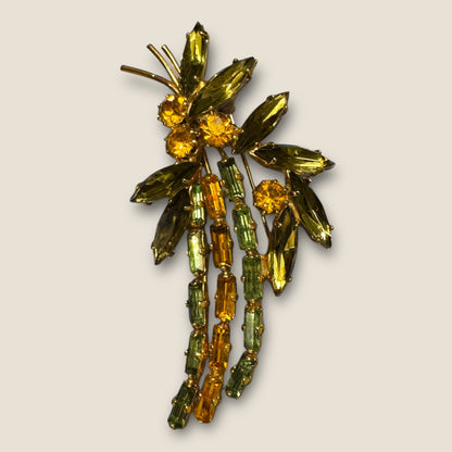 Vintage Uranium Glass & Topaz Rhinestone Spray Brooch