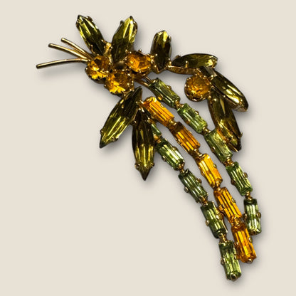 Vintage Uranium Glass & Topaz Rhinestone Spray Brooch