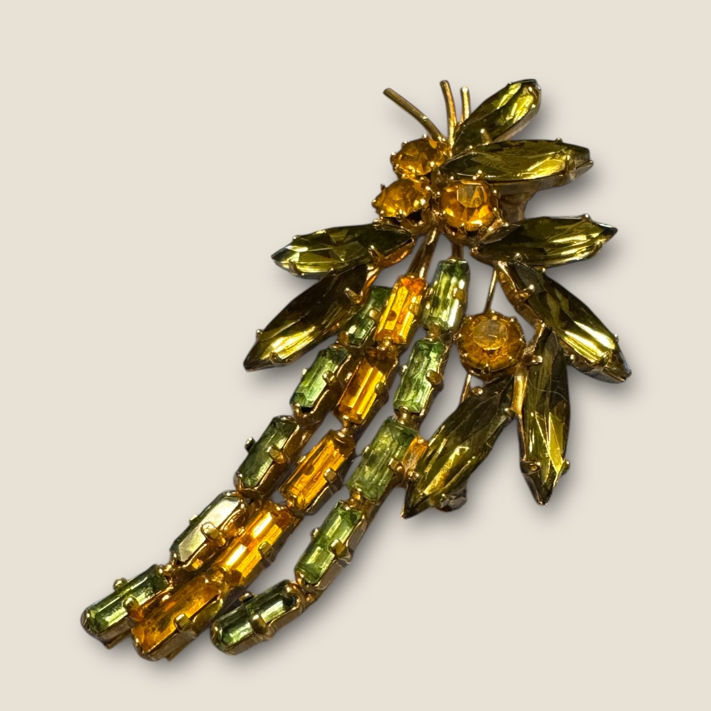 Vintage Uranium Glass & Topaz Rhinestone Spray Brooch