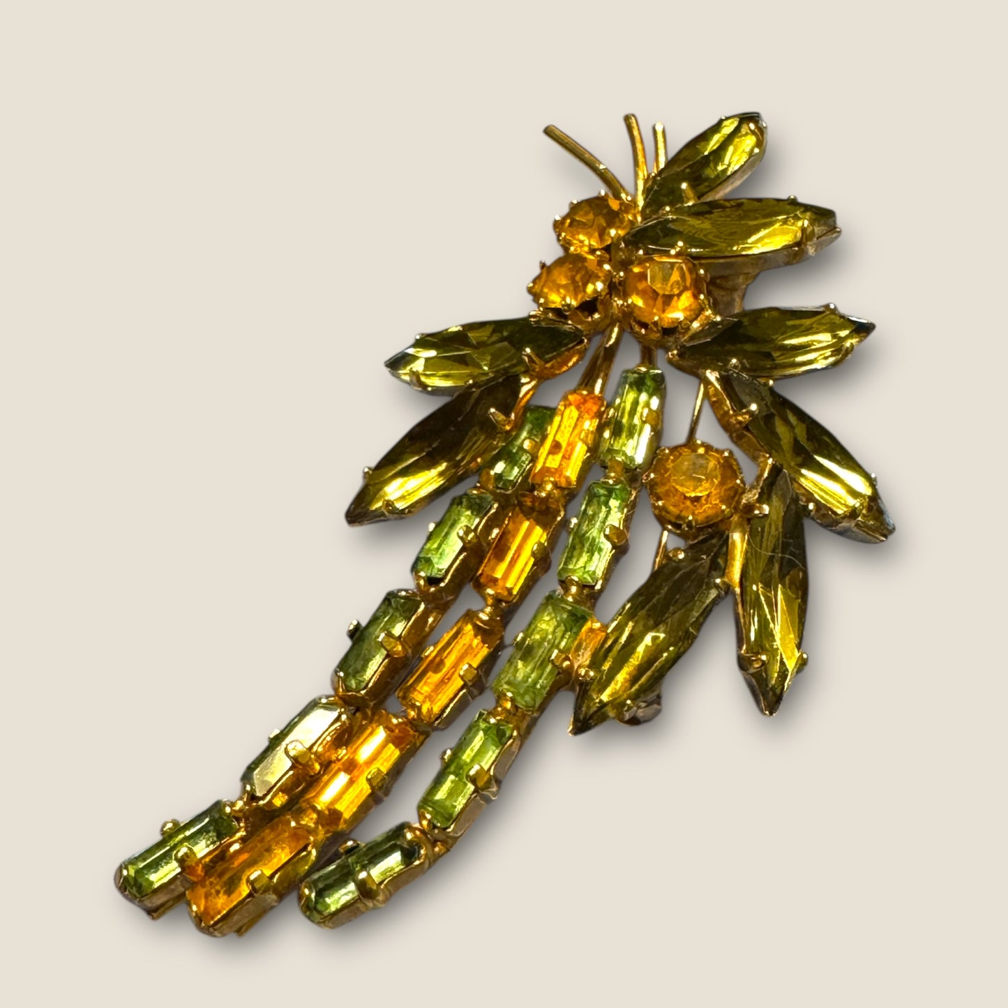 Vintage Uranium Glass & Topaz Rhinestone Spray Brooch