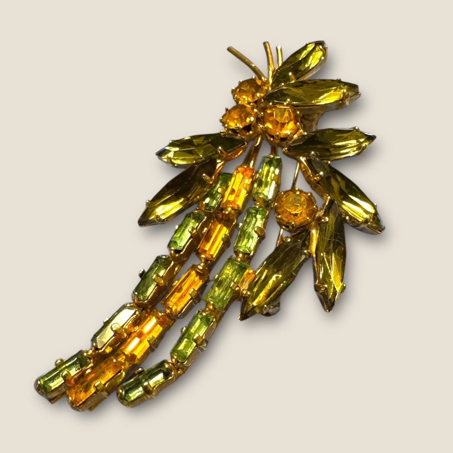 Vintage Uranium Glass & Topaz Rhinestone Spray Brooch