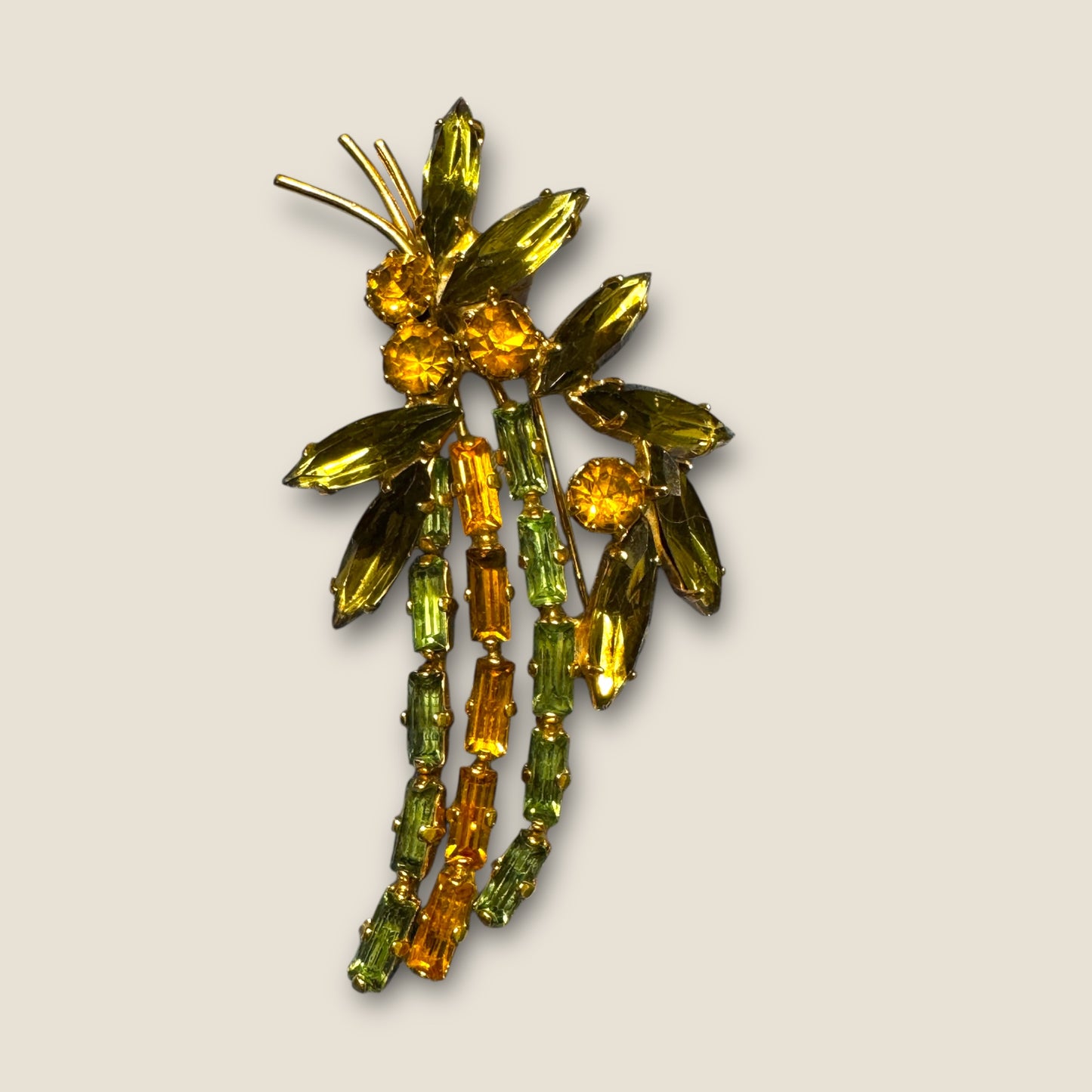 Vintage Uranium Glass & Topaz Rhinestone Spray Brooch