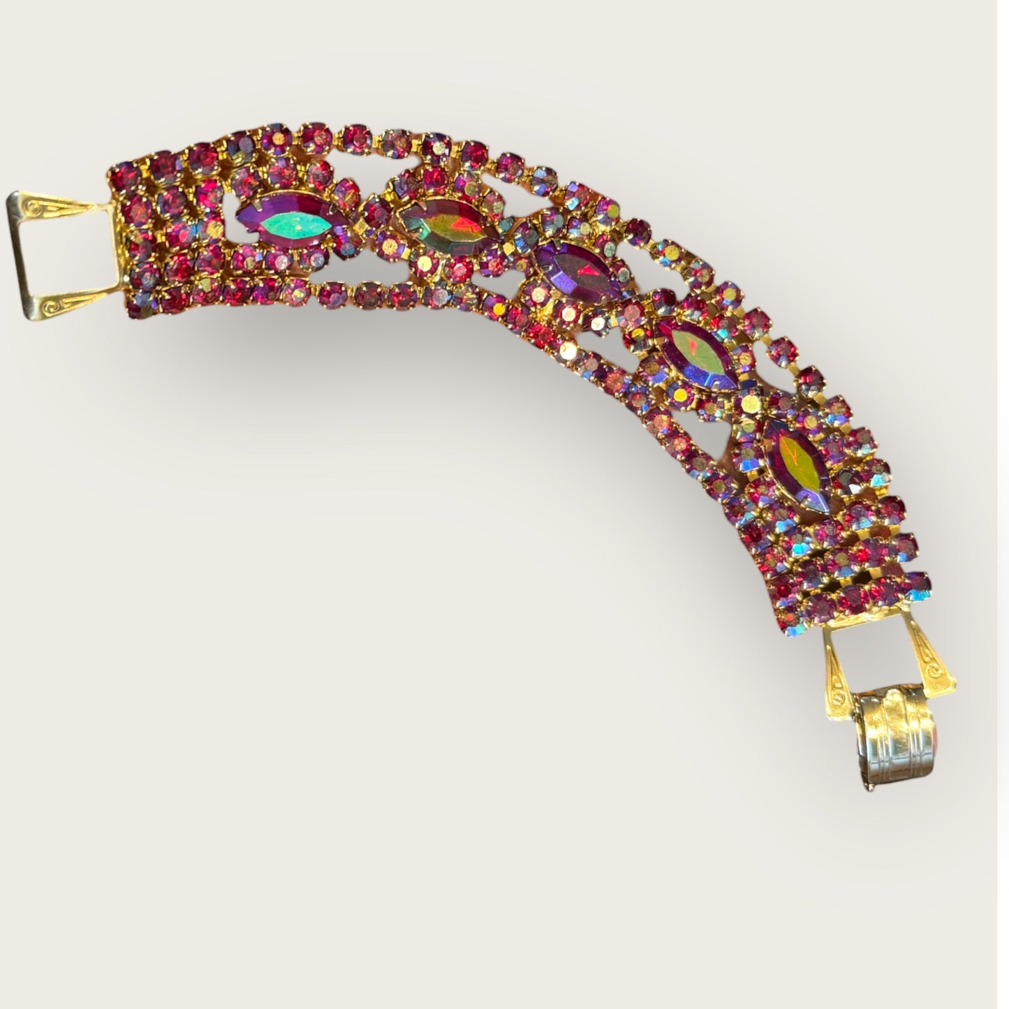 Vintage Red Aurora Borealis Rhinestone Statement Bracelet