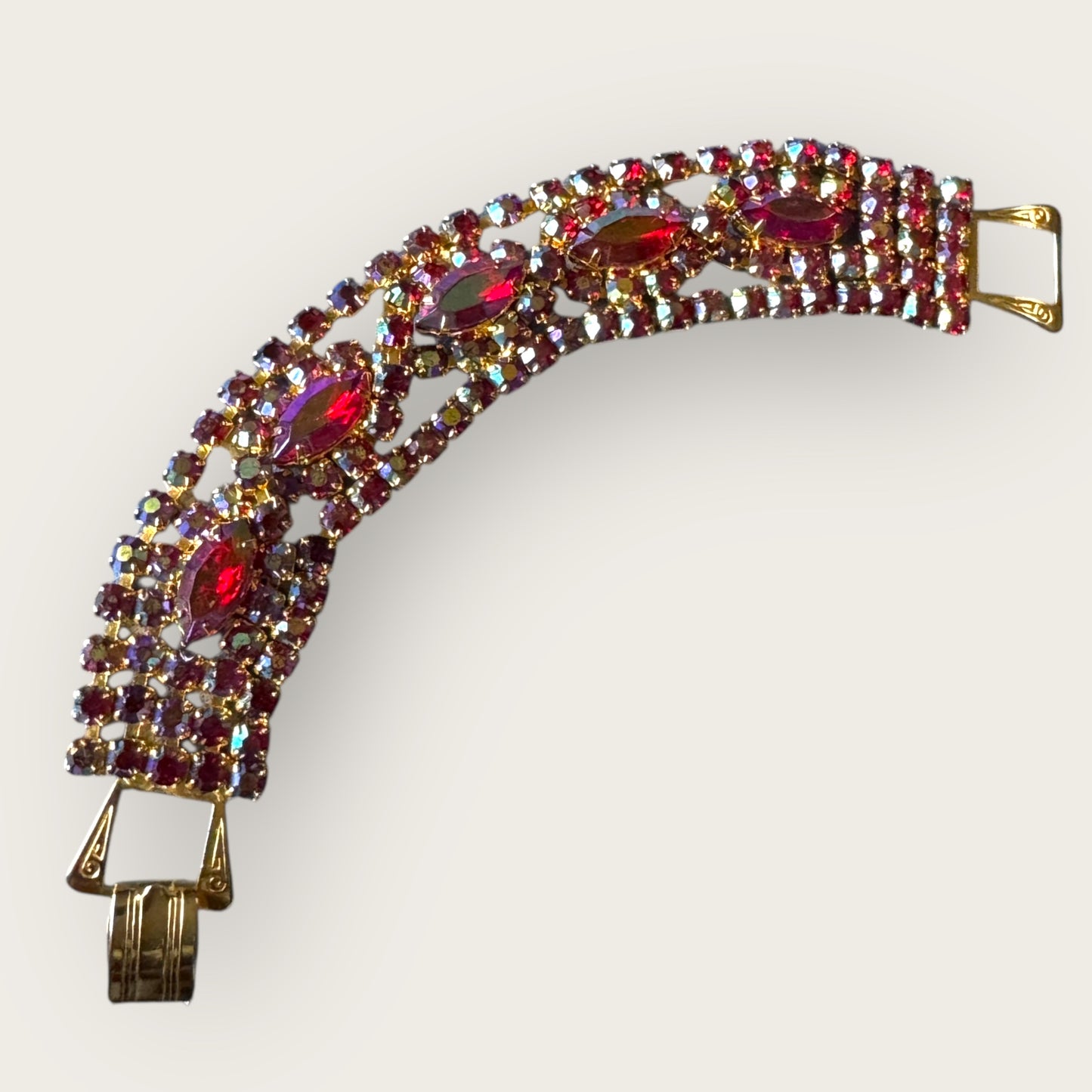 Vintage Red Aurora Borealis Rhinestone Statement Bracelet