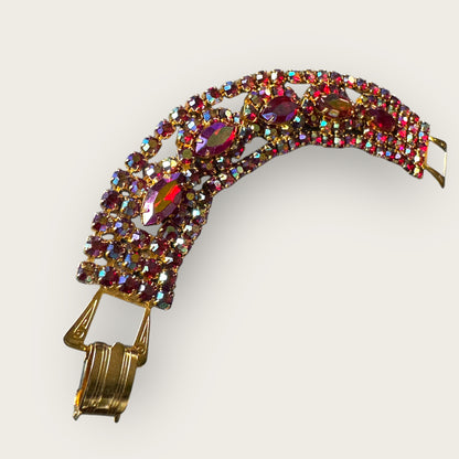 Vintage Red Aurora Borealis Rhinestone Statement Bracelet