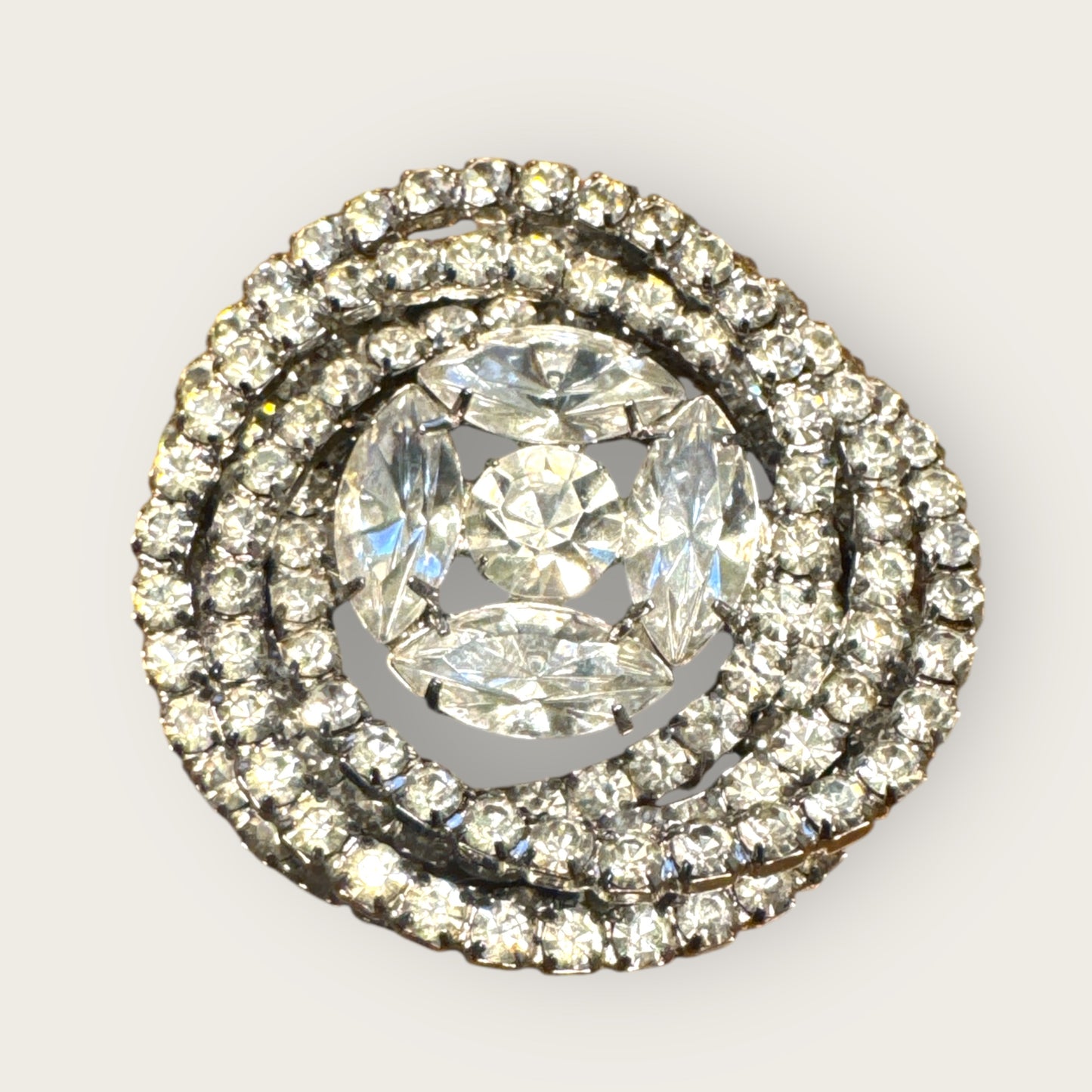 Vintage Layered Spiral Clear Rhinestone Statement Brooch