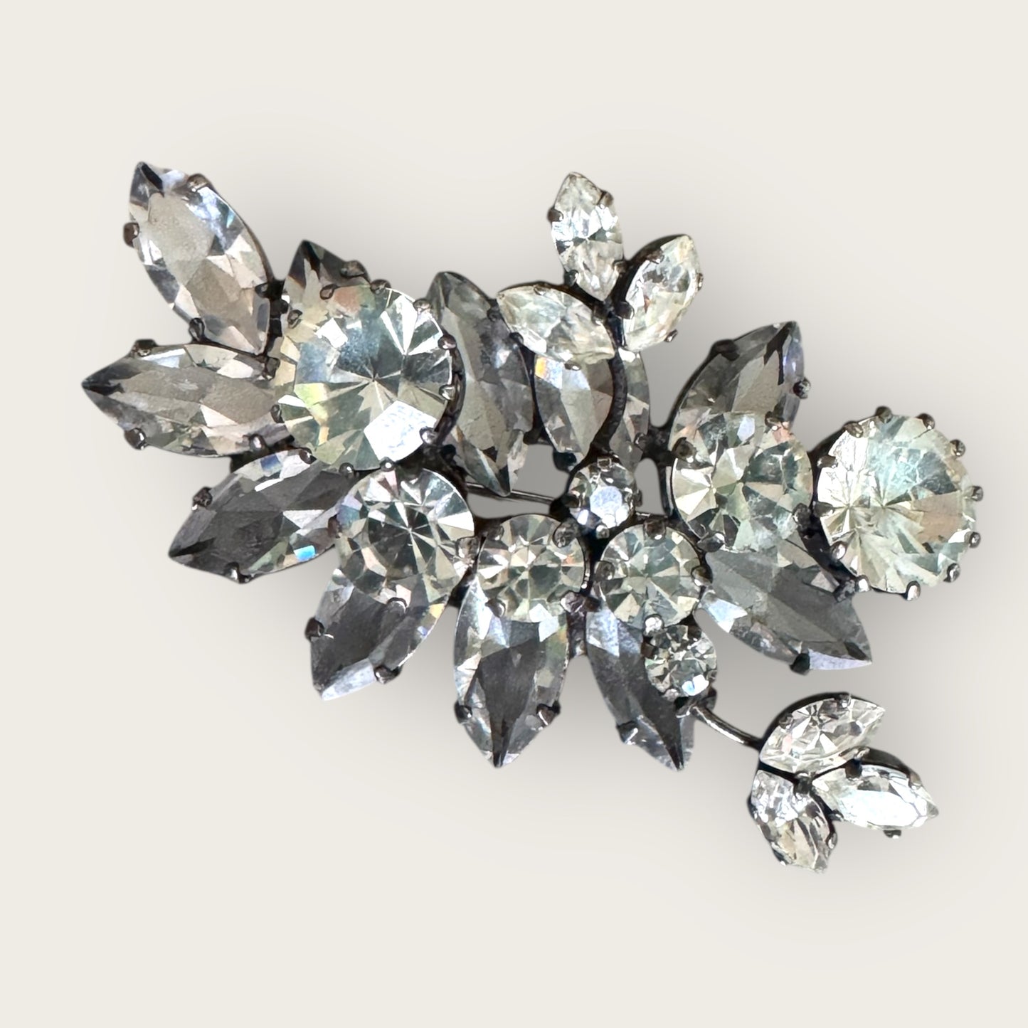 Layered Mid-Century Rhinestone Floral Brooch | Sculptural Open-Back Construction