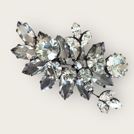 Layered Mid-Century Rhinestone Floral Brooch | Sculptural Open-Back Construction