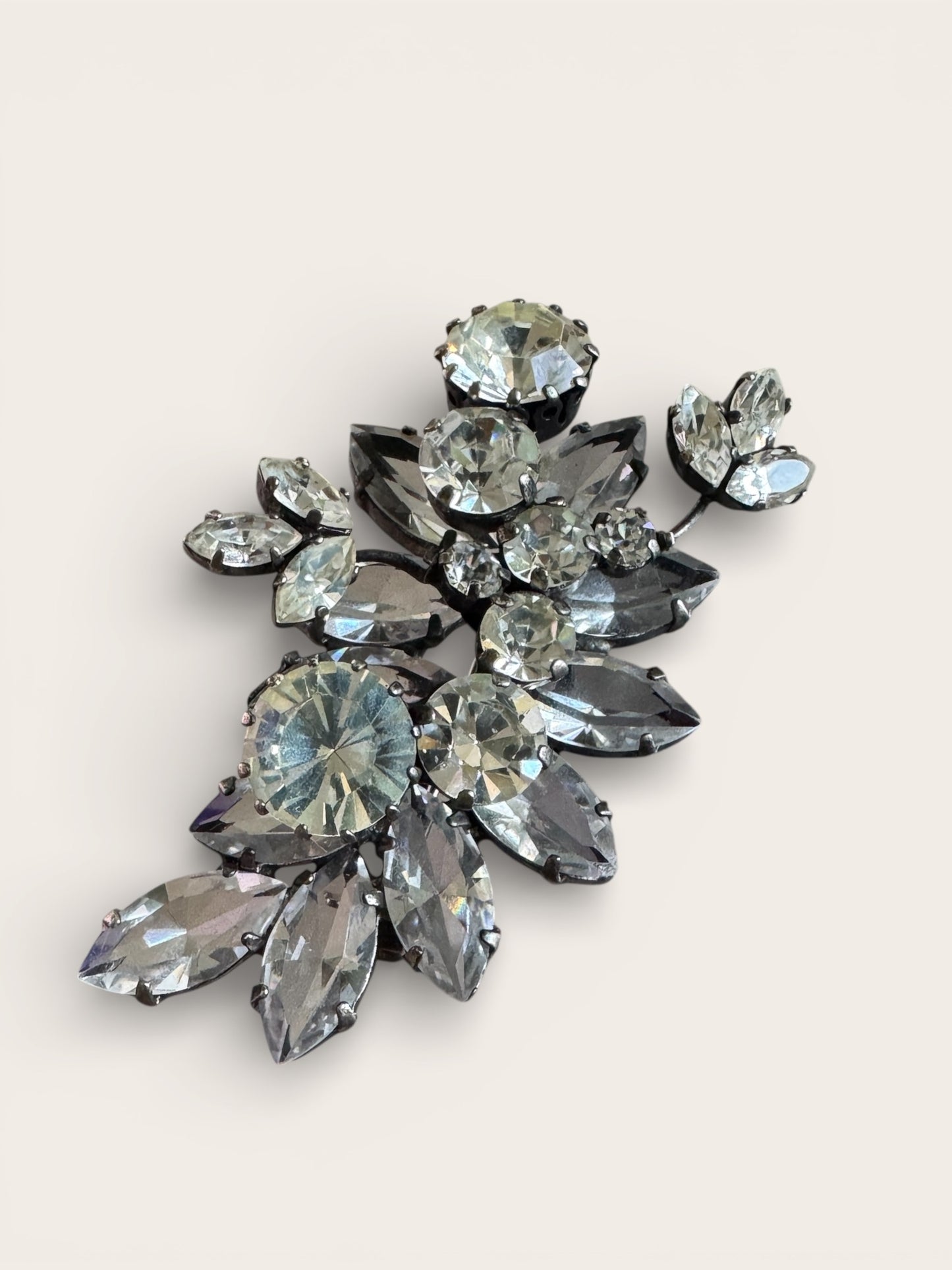 Layered Mid-Century Rhinestone Floral Brooch | Sculptural Open-Back Construction