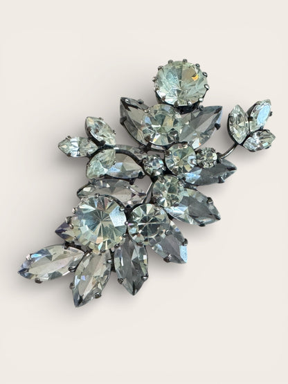Layered Mid-Century Rhinestone Floral Brooch | Sculptural Open-Back Construction