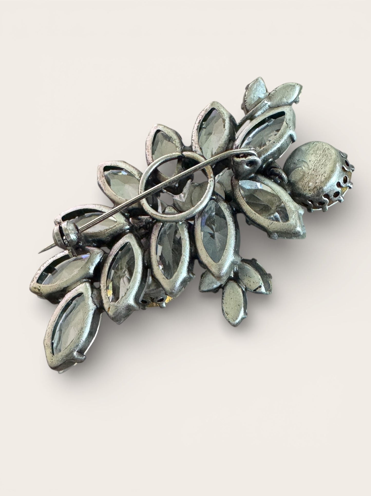 Layered Mid-Century Rhinestone Floral Brooch | Sculptural Open-Back Construction