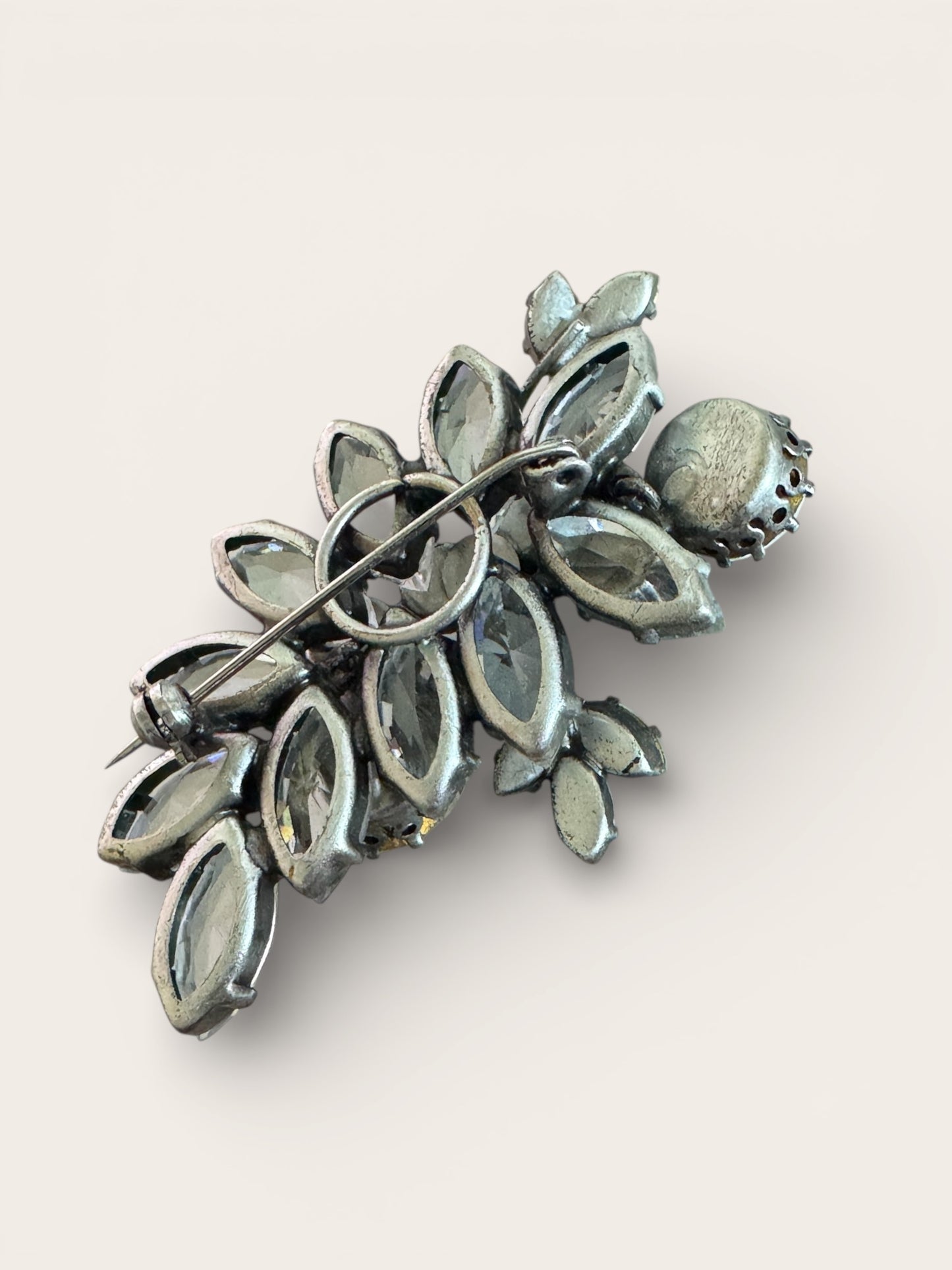 Layered Mid-Century Rhinestone Floral Brooch | Sculptural Open-Back Construction