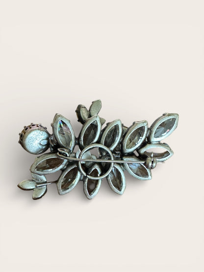 Layered Mid-Century Rhinestone Floral Brooch | Sculptural Open-Back Construction