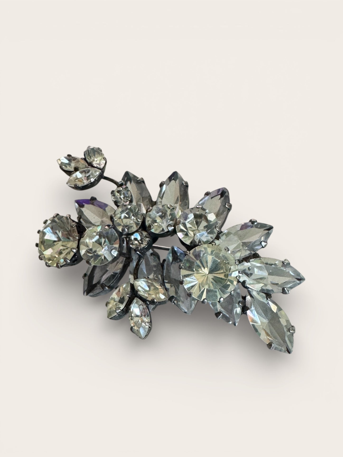 Layered Mid-Century Rhinestone Floral Brooch | Sculptural Open-Back Construction