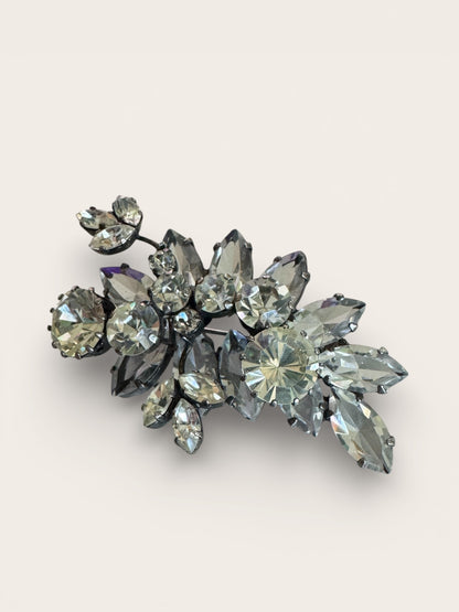 Layered Mid-Century Rhinestone Floral Brooch | Sculptural Open-Back Construction