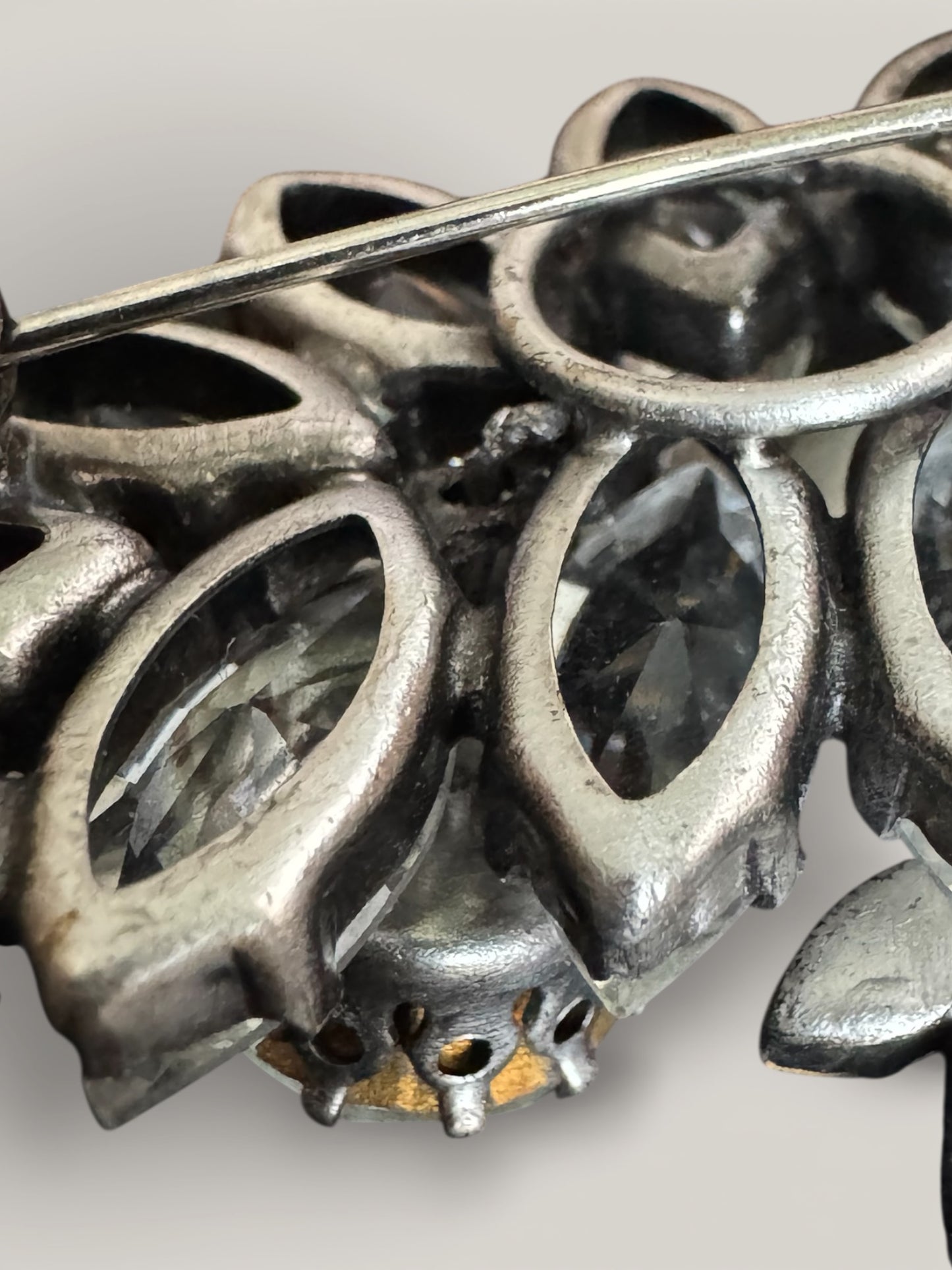 Layered Mid-Century Rhinestone Floral Brooch | Sculptural Open-Back Construction