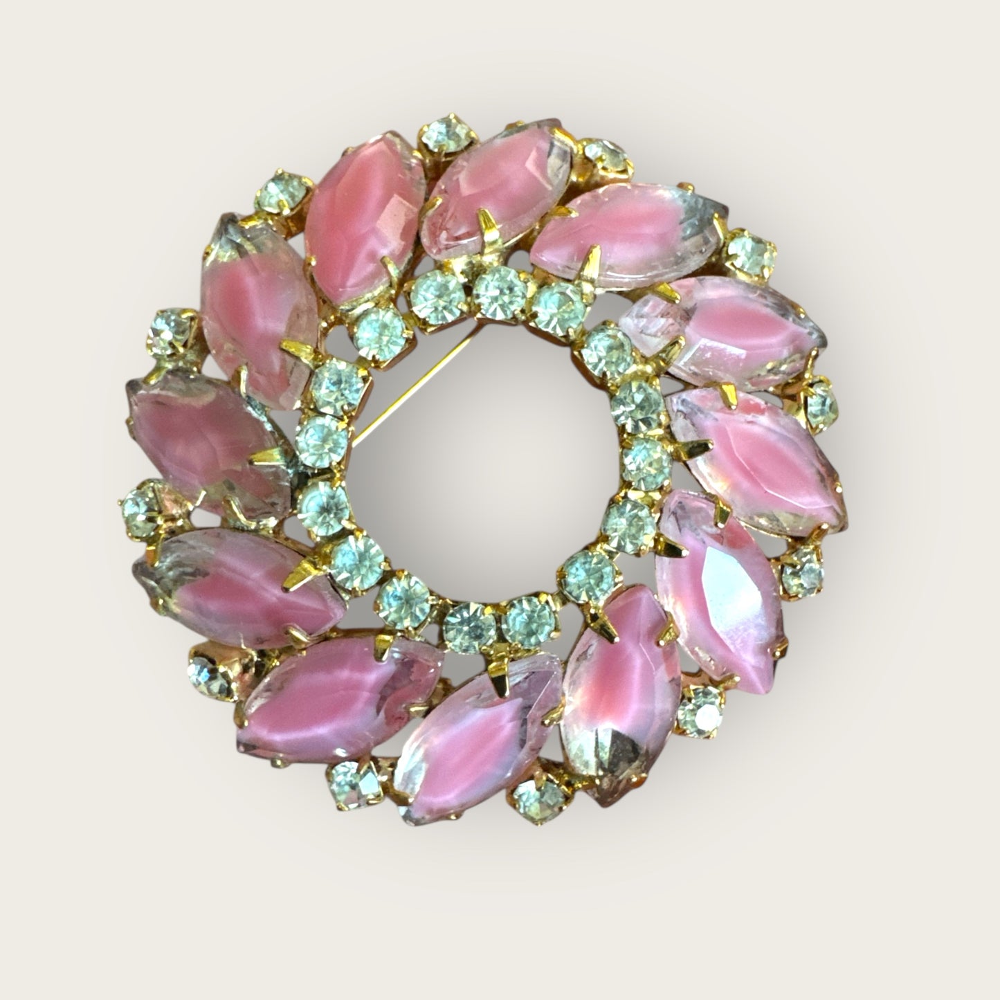 Vintage Pink Givré Navette Wreath Brooch with Clear Rhinestones