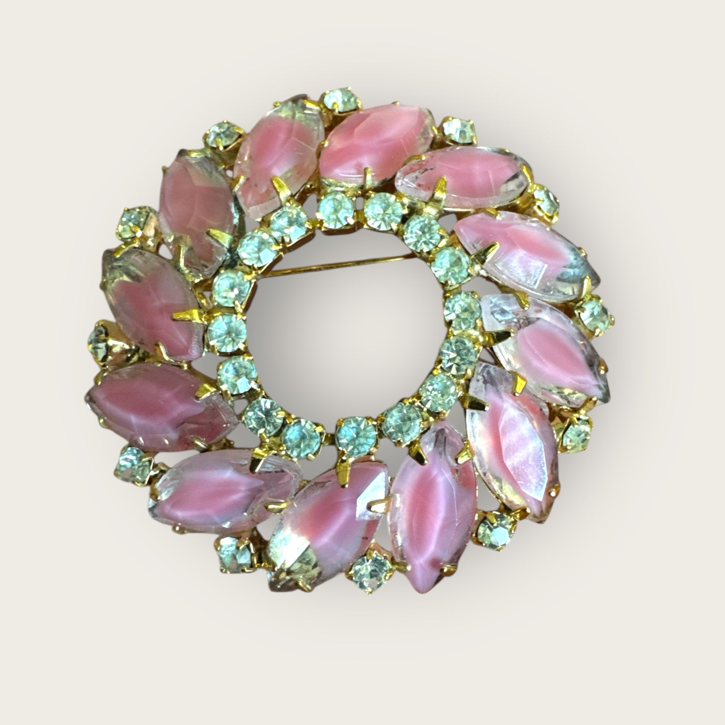 Vintage Pink Givré Navette Wreath Brooch with Clear Rhinestones