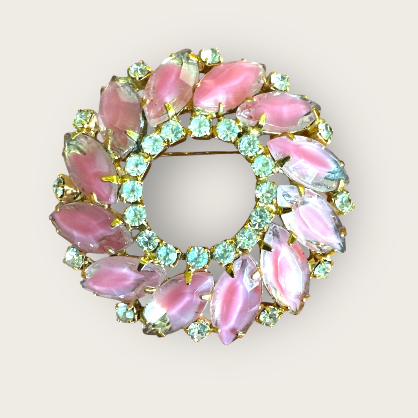 Vintage Pink Givré Navette Wreath Brooch with Clear Rhinestones