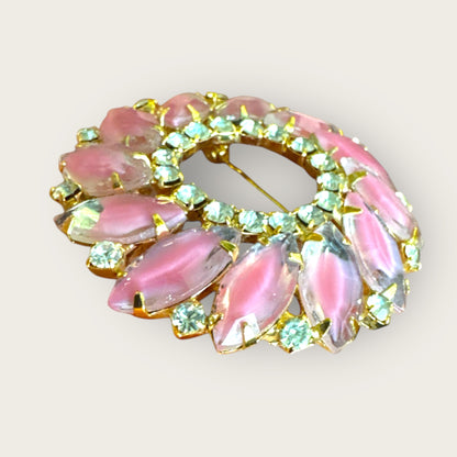 Vintage Pink Givré Navette Wreath Brooch with Clear Rhinestones