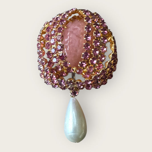 Vintage Pink Rhinestone Dome Brooch with Adjustable Glass Cabochon & Pearl Drop