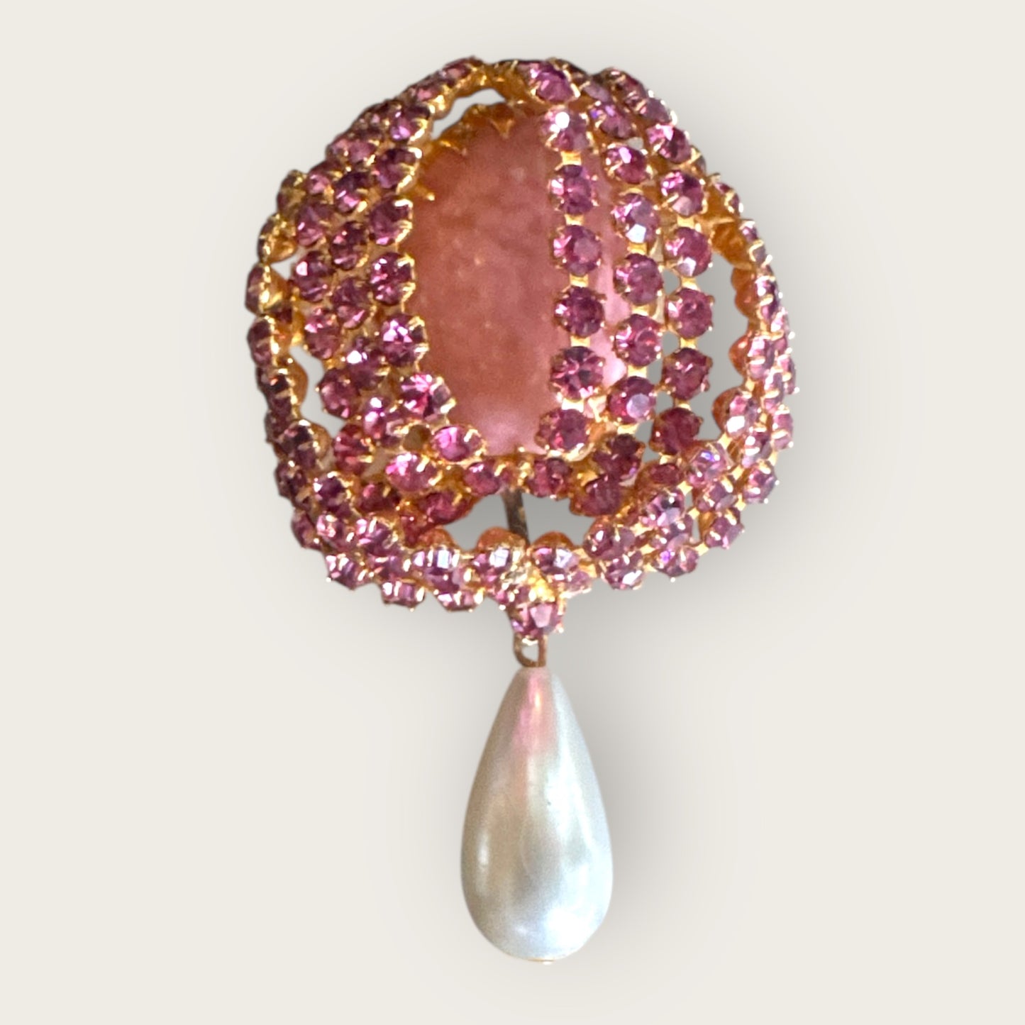 Vintage Pink Rhinestone Dome Brooch with Adjustable Glass Cabochon & Pearl Drop