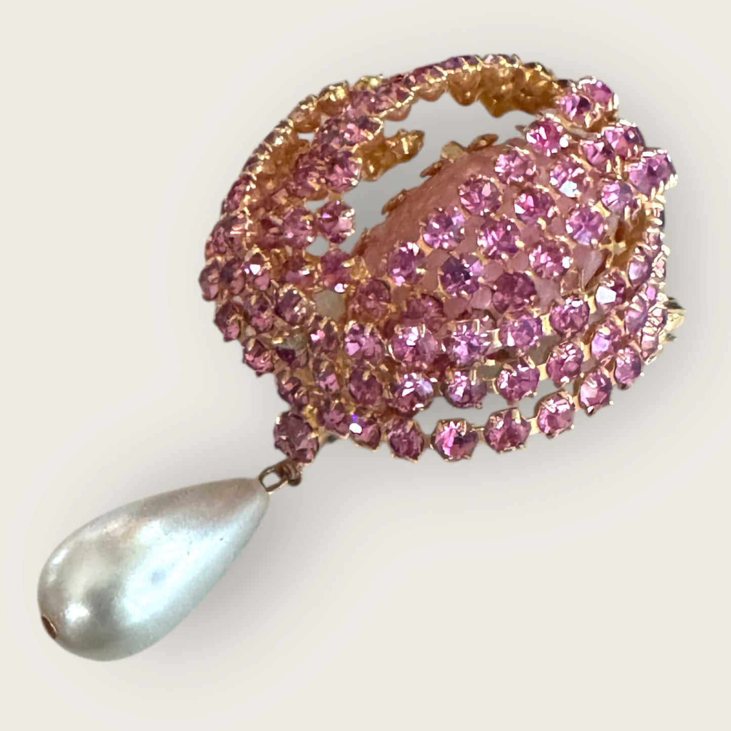 Vintage Pink Rhinestone Dome Brooch with Adjustable Glass Cabochon & Pearl Drop