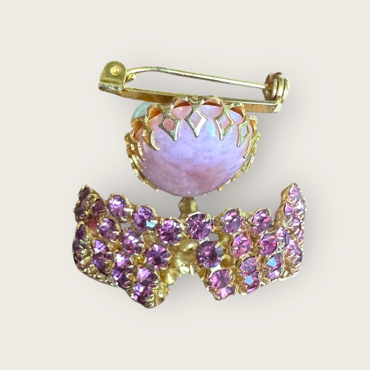 Vintage Pink Rhinestone Dome Brooch with Adjustable Glass Cabochon & Pearl Drop