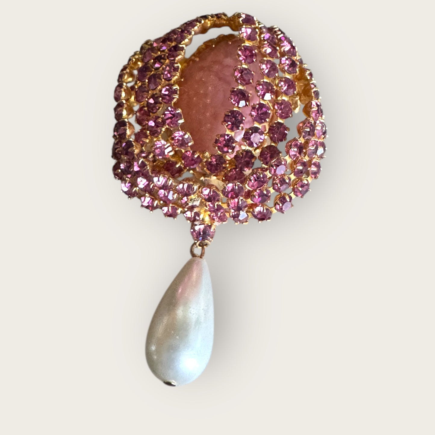 Vintage Pink Rhinestone Dome Brooch with Adjustable Glass Cabochon & Pearl Drop