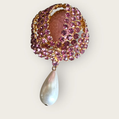 Vintage Pink Rhinestone Dome Brooch with Adjustable Glass Cabochon & Pearl Drop