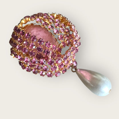 Vintage Pink Rhinestone Dome Brooch with Adjustable Glass Cabochon & Pearl Drop