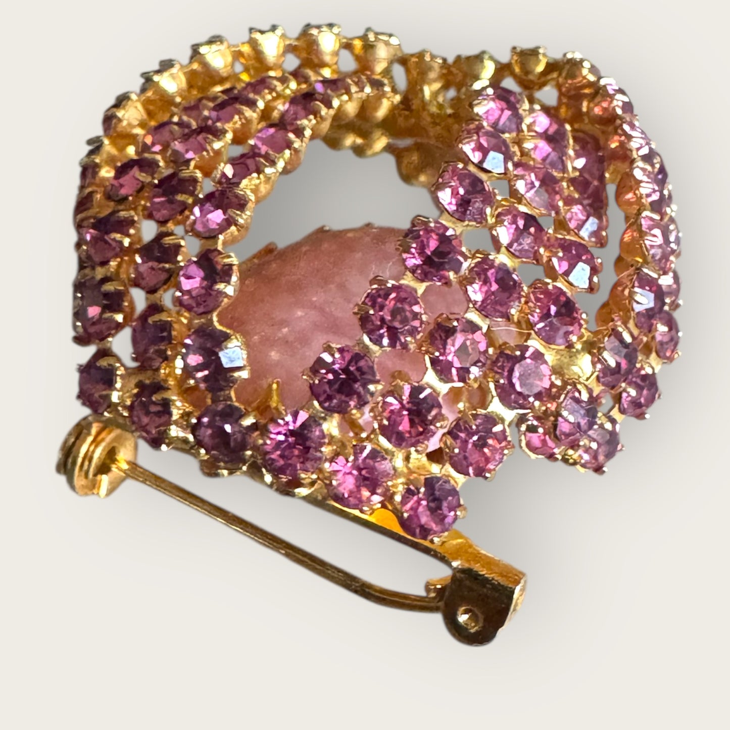 Vintage Pink Rhinestone Dome Brooch with Adjustable Glass Cabochon & Pearl Drop