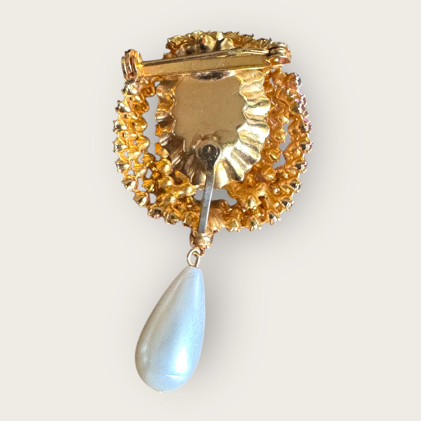 Vintage Pink Rhinestone Dome Brooch with Adjustable Glass Cabochon & Pearl Drop