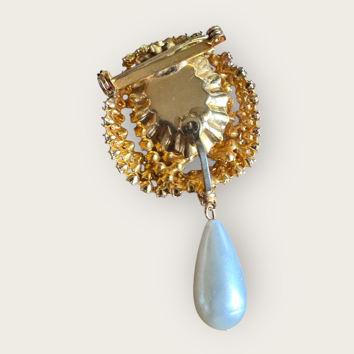 Vintage Pink Rhinestone Dome Brooch with Adjustable Glass Cabochon & Pearl Drop