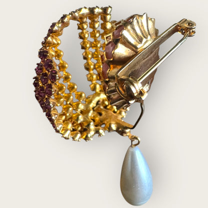 Vintage Pink Rhinestone Dome Brooch with Adjustable Glass Cabochon & Pearl Drop