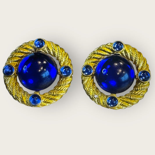 Vintage Park Lane Blue Lucite Clip-On Earrings – Braided Gold-Tone Statement | 1980s