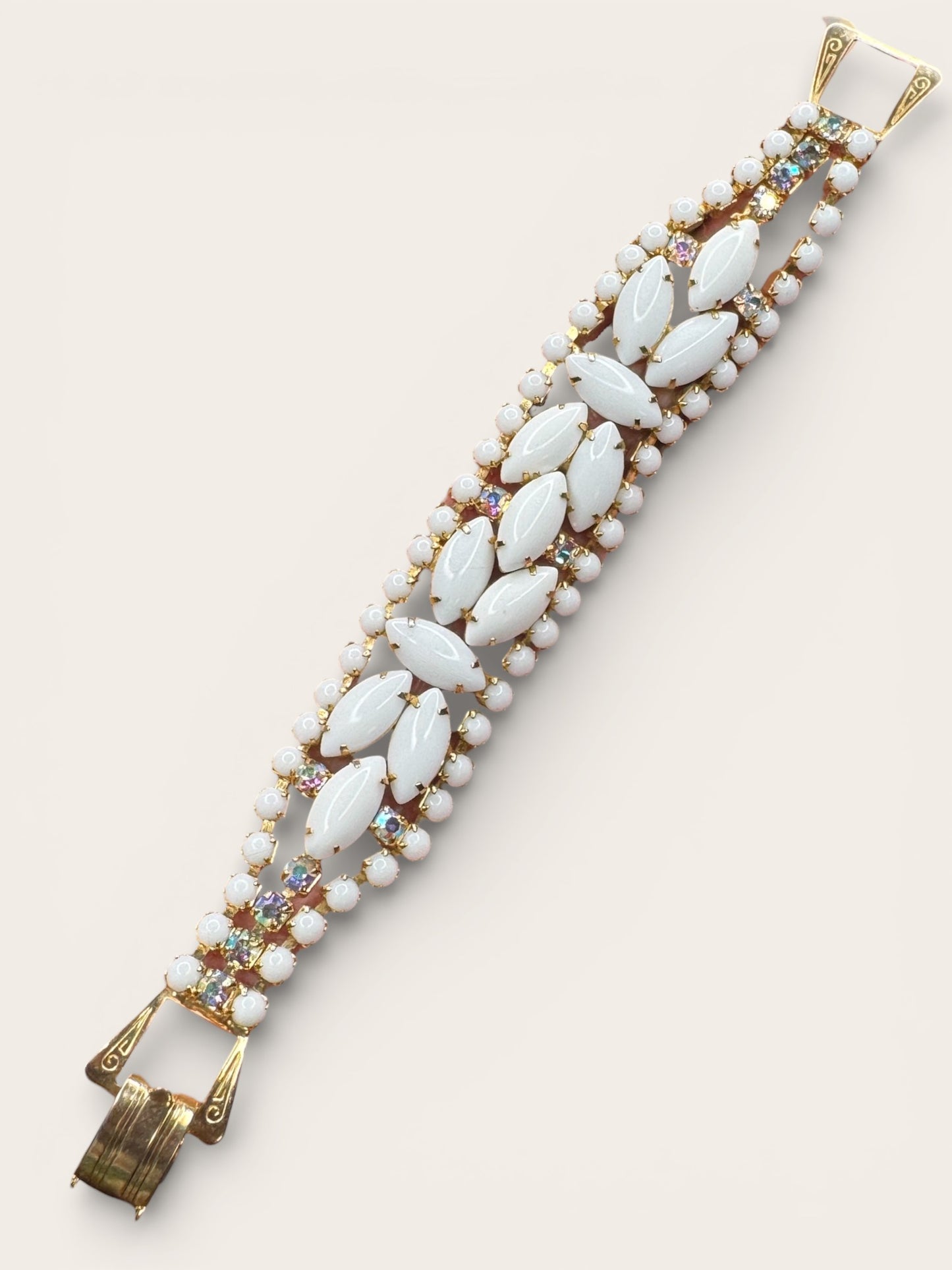Vintage Milk Glass & Aurora Borealis Rhinestone Statement Bracelet — Gold-Tone Wide Link