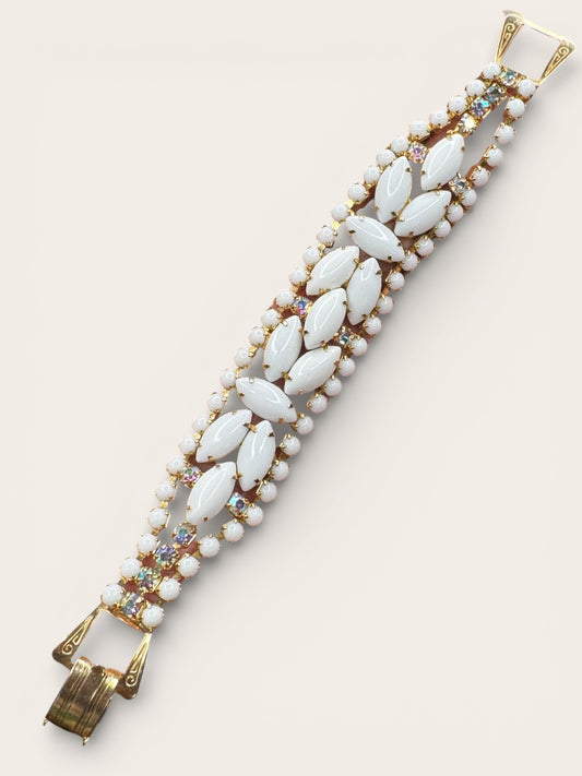 Vintage Milk Glass & Aurora Borealis Rhinestone Statement Bracelet — Gold-Tone Wide Link