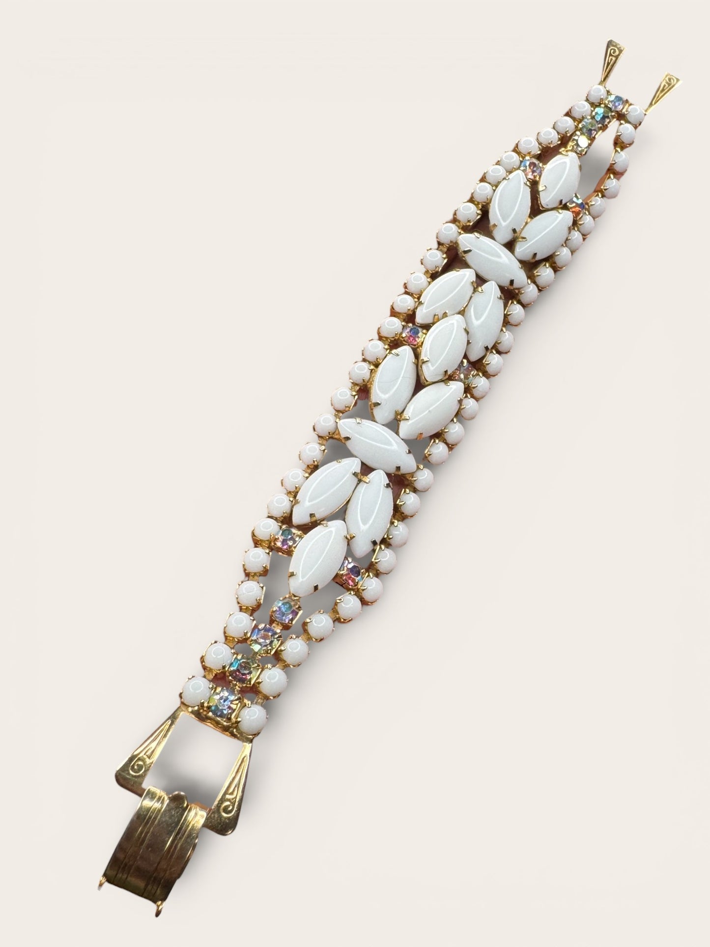 Vintage Milk Glass & Aurora Borealis Rhinestone Statement Bracelet — Gold-Tone Wide Link