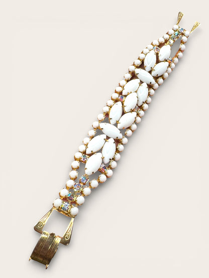 Vintage Milk Glass & Aurora Borealis Rhinestone Statement Bracelet — Gold-Tone Wide Link