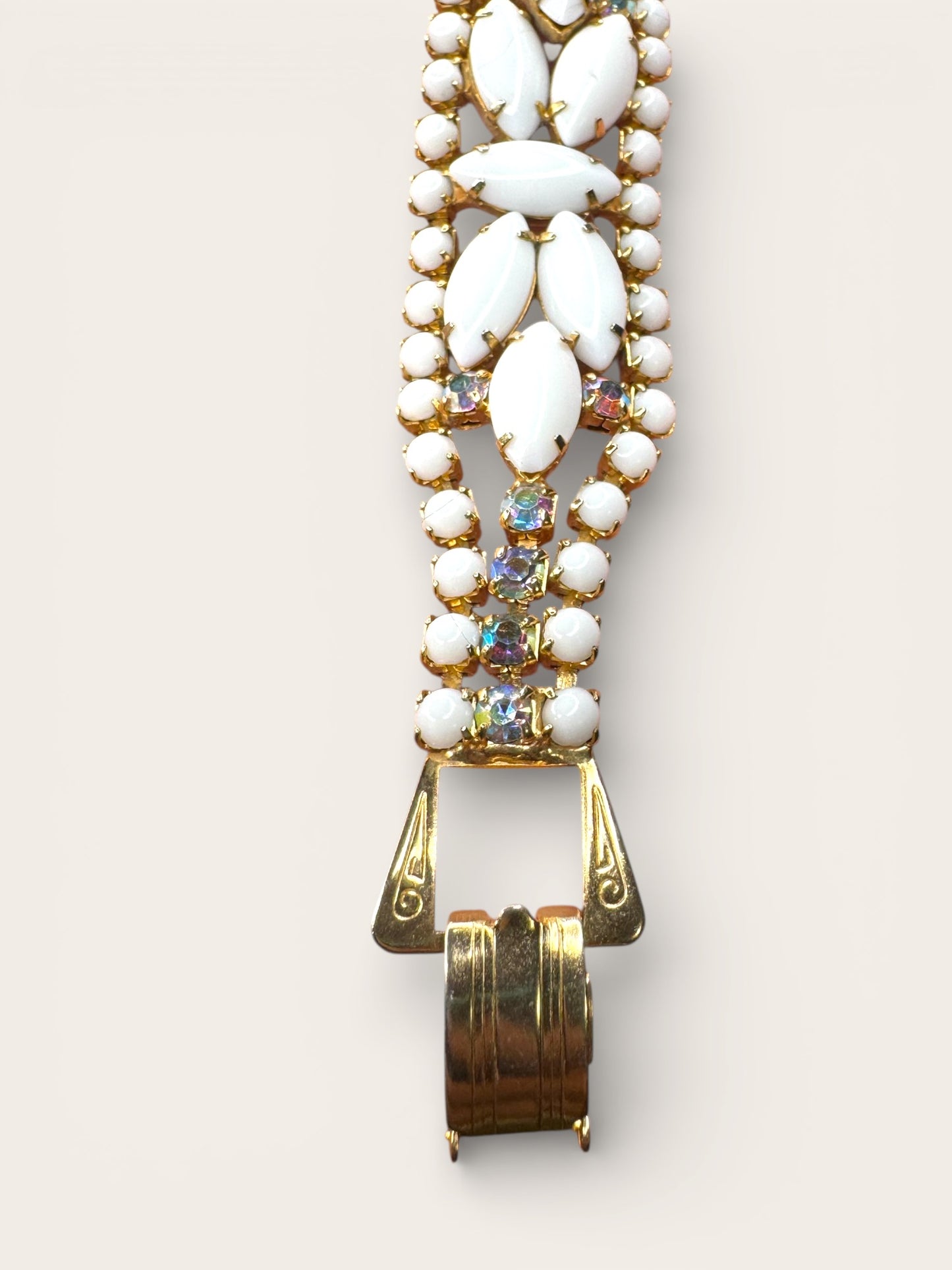 Vintage Milk Glass & Aurora Borealis Rhinestone Statement Bracelet — Gold-Tone Wide Link