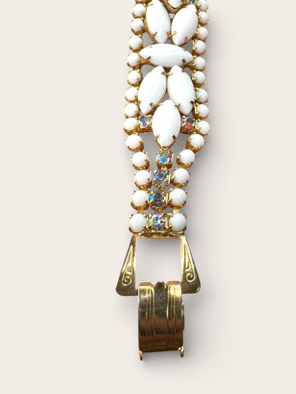 Vintage Milk Glass & Aurora Borealis Rhinestone Statement Bracelet — Gold-Tone Wide Link