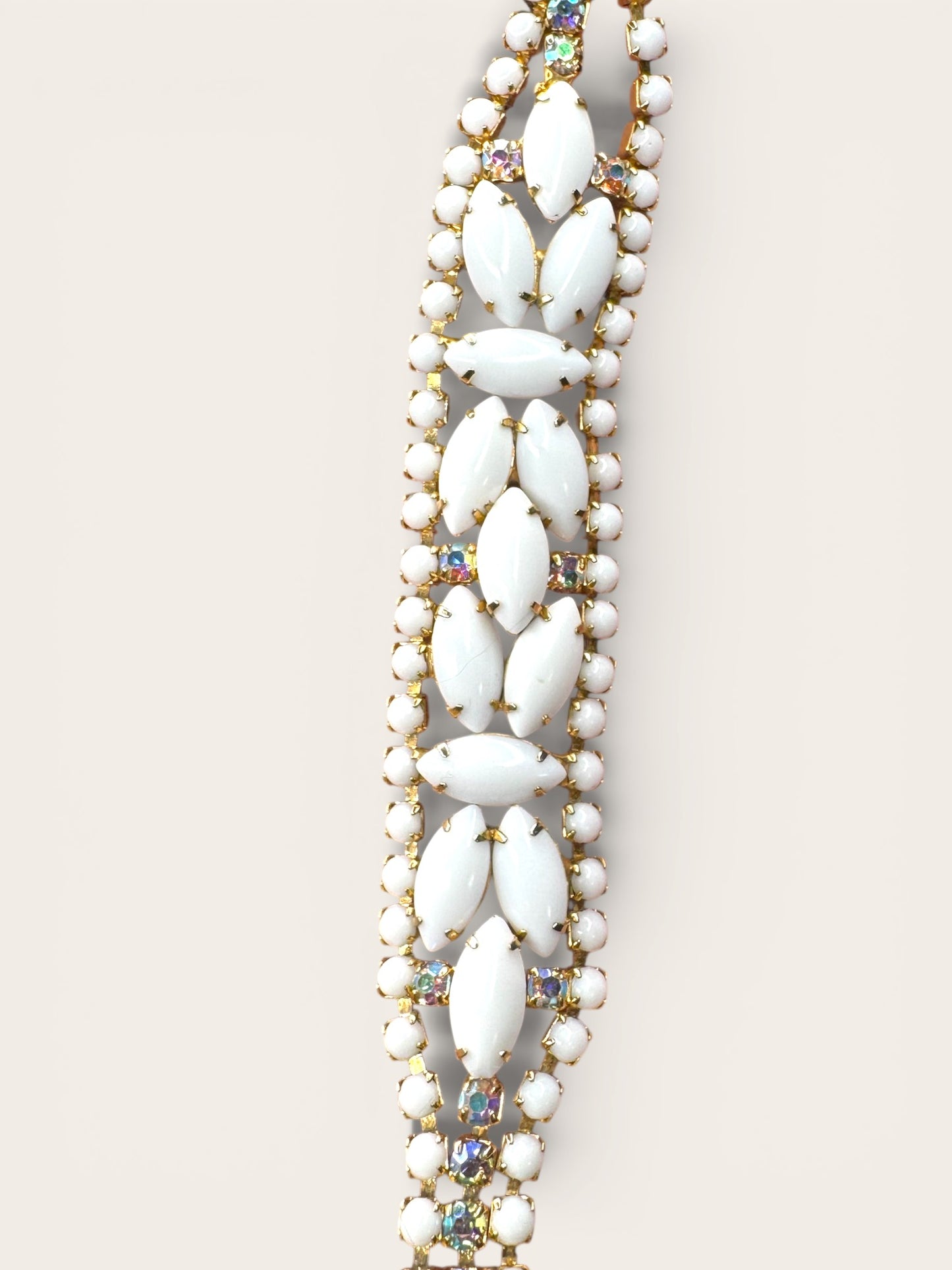 Vintage Milk Glass & Aurora Borealis Rhinestone Statement Bracelet — Gold-Tone Wide Link