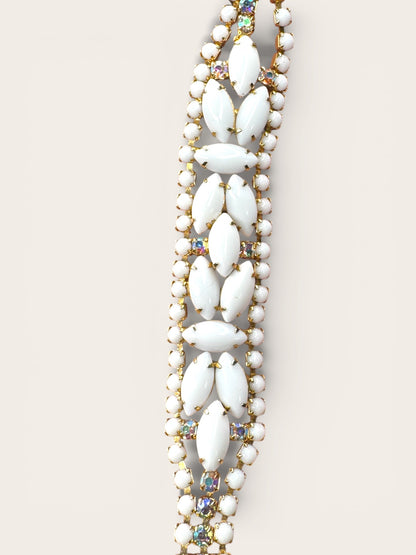 Vintage Milk Glass & Aurora Borealis Rhinestone Statement Bracelet — Gold-Tone Wide Link
