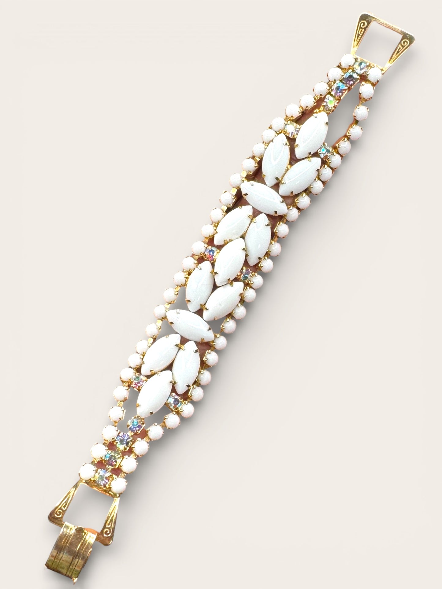 Vintage Milk Glass & Aurora Borealis Rhinestone Statement Bracelet — Gold-Tone Wide Link