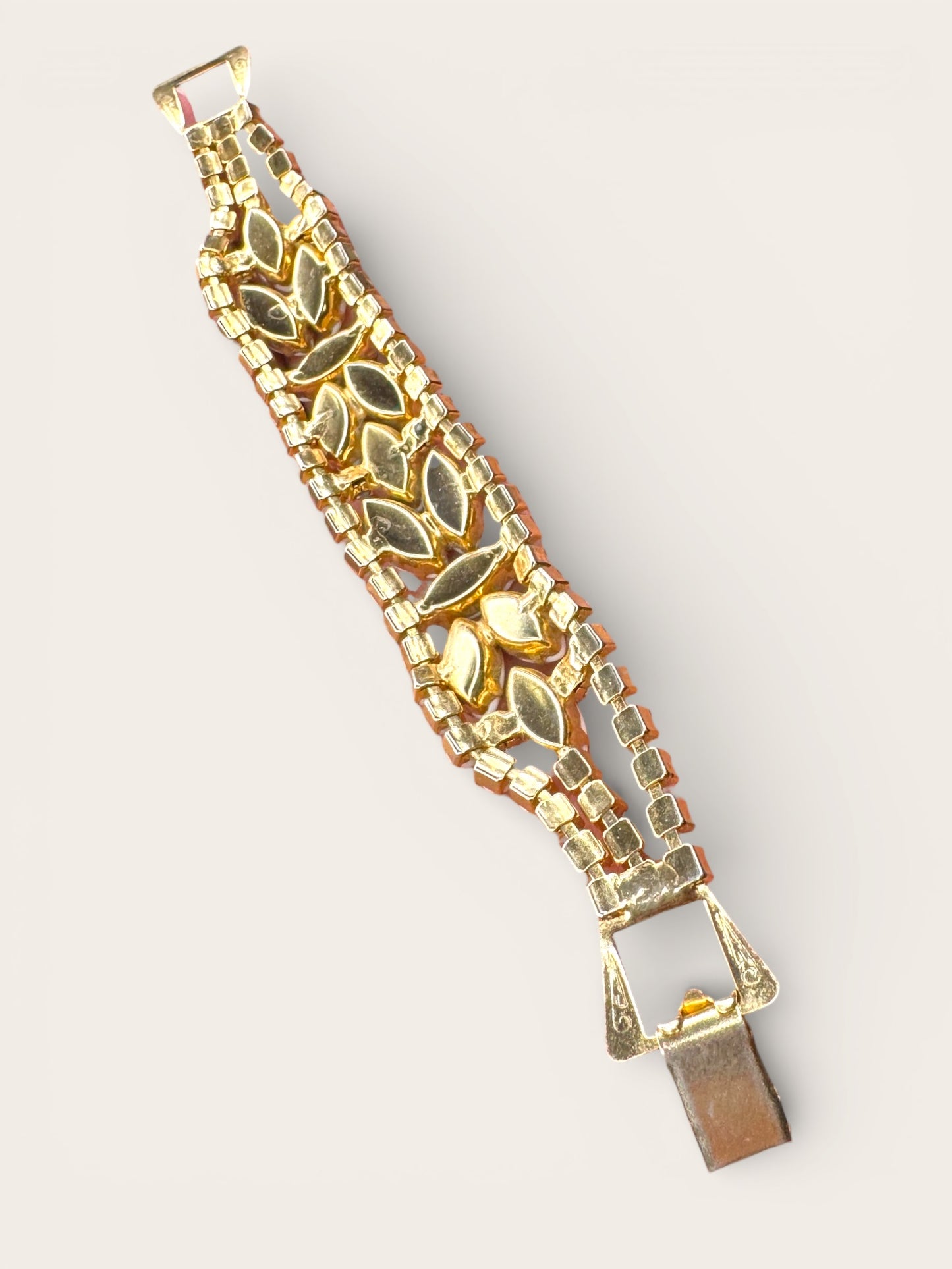 Vintage Milk Glass & Aurora Borealis Rhinestone Statement Bracelet — Gold-Tone Wide Link