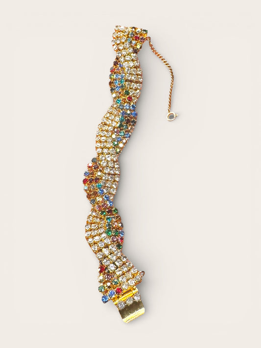 Vintage Kramer Twisted Rhinestone Statement Bracelet — Clear & Multicolor Crystals in Gold-Tone