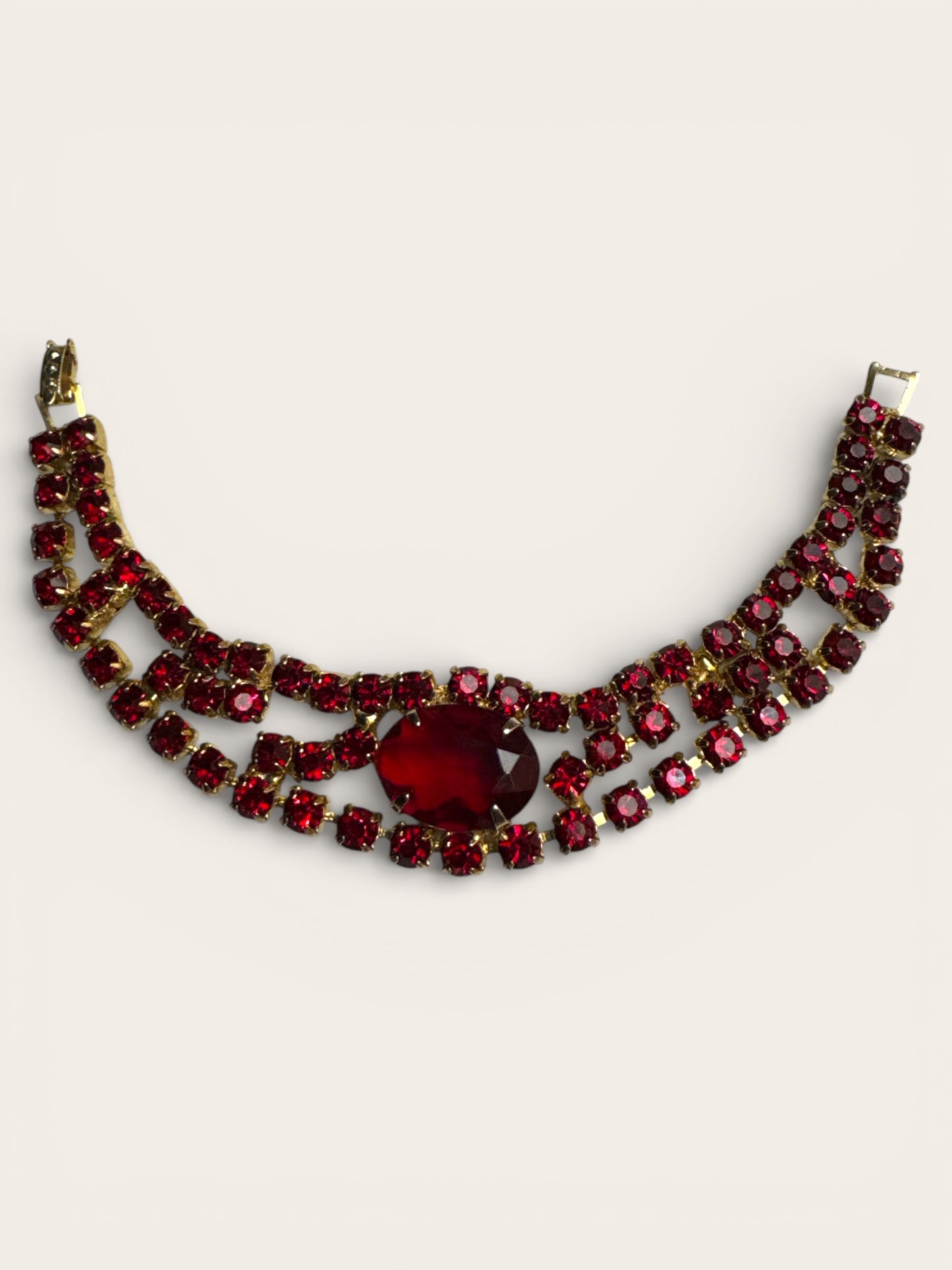 Vintage Ruby Red Rhinestone Bracelet with Triple-Row Design