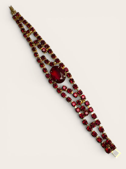 Vintage Ruby Red Rhinestone Bracelet with Triple-Row Design