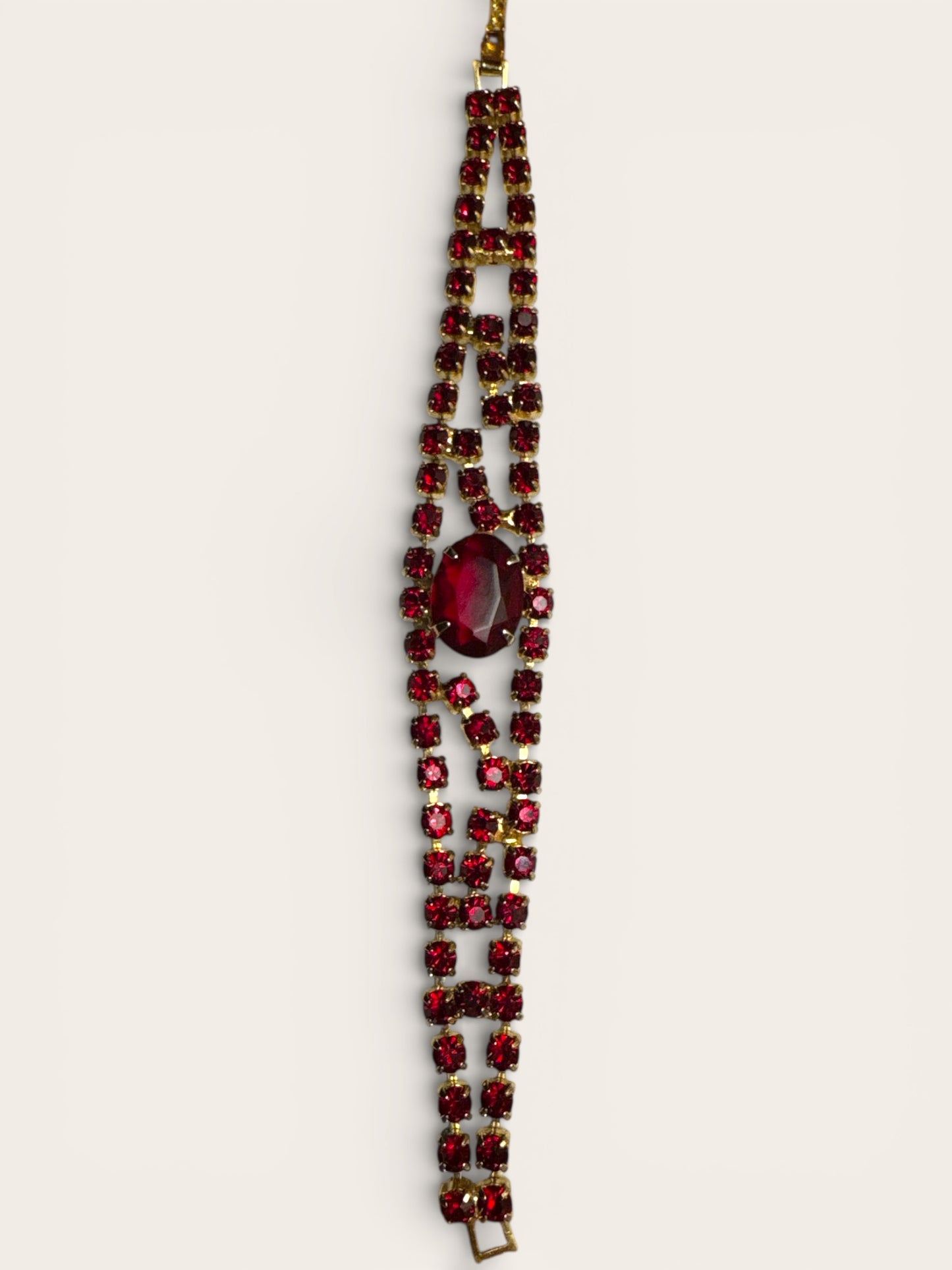 Vintage Ruby Red Rhinestone Bracelet with Triple-Row Design